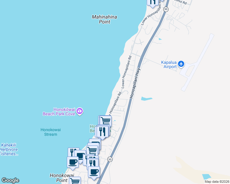 map of restaurants, bars, coffee shops, grocery stores, and more near 3843 Lower Honoapiilani Road in Lahaina