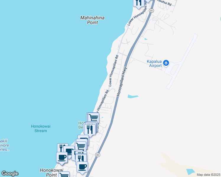 map of restaurants, bars, coffee shops, grocery stores, and more near 3843 Lower Honoapiilani Road in Lahaina