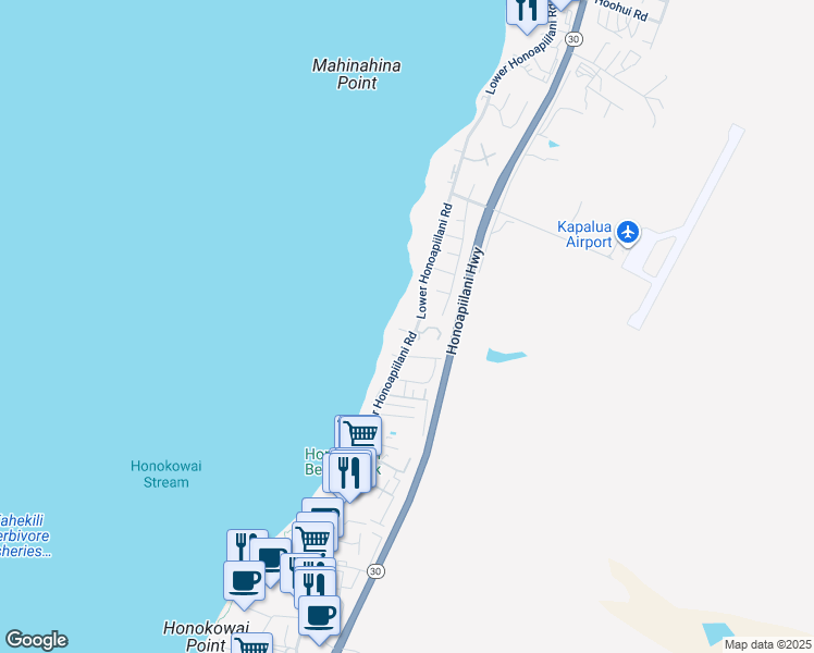 map of restaurants, bars, coffee shops, grocery stores, and more near 3837 Lower Honoapiilani Road in Lahaina