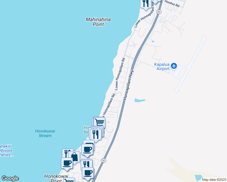map of restaurants, bars, coffee shops, grocery stores, and more near 3843 Lower Honoapiilani Road in Lahaina