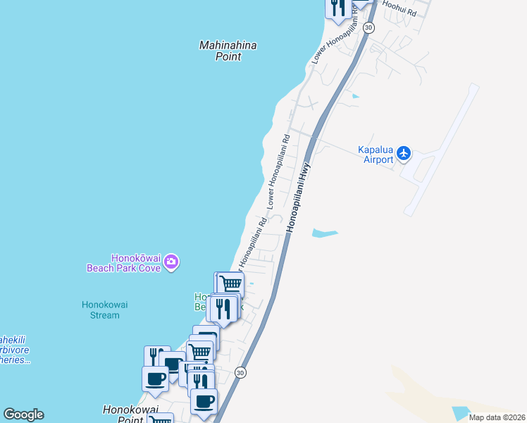 map of restaurants, bars, coffee shops, grocery stores, and more near 3843 Lower Honoapiilani Road in Lahaina