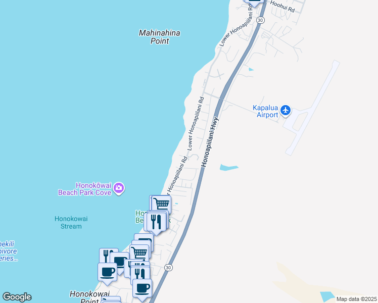 map of restaurants, bars, coffee shops, grocery stores, and more near 3843 Lower Honoapiilani Road in Lahaina