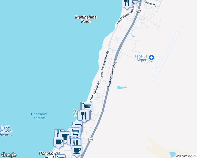 map of restaurants, bars, coffee shops, grocery stores, and more near 3843 Lower Honoapiilani Road in Lahaina