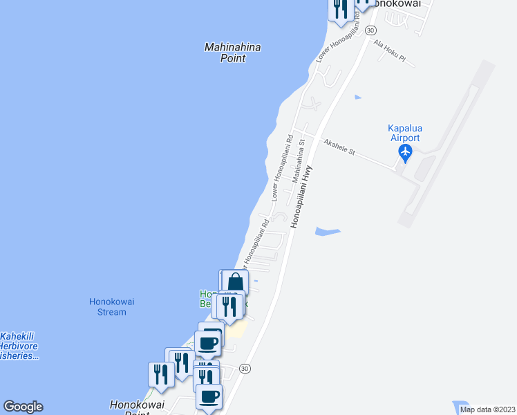 map of restaurants, bars, coffee shops, grocery stores, and more near 3833 Lower Honoapiilani Road in Lahaina