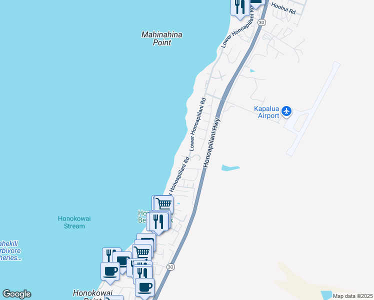map of restaurants, bars, coffee shops, grocery stores, and more near 3843 Lower Honoapiilani Road in Lahaina