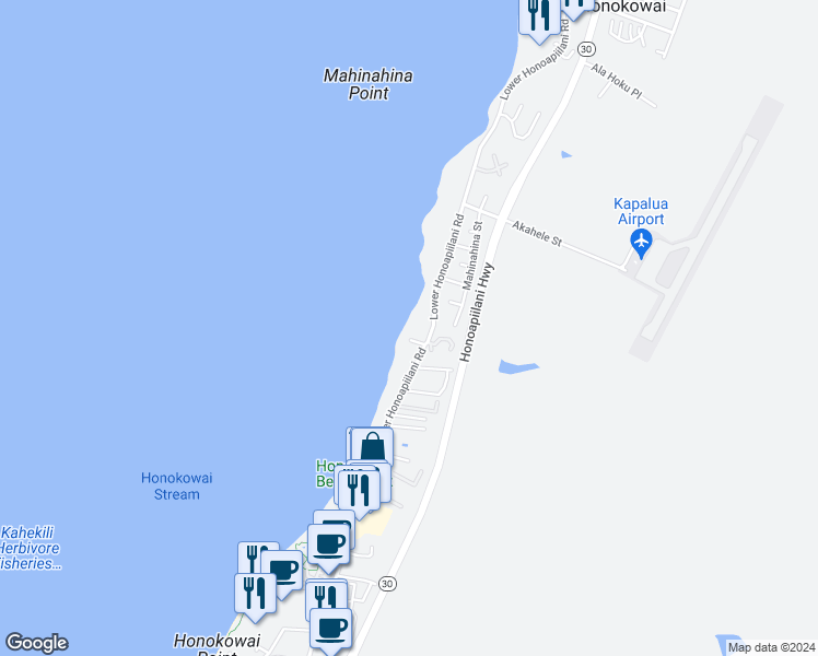 map of restaurants, bars, coffee shops, grocery stores, and more near 3833 Lower Honoapiilani Road in Lahaina