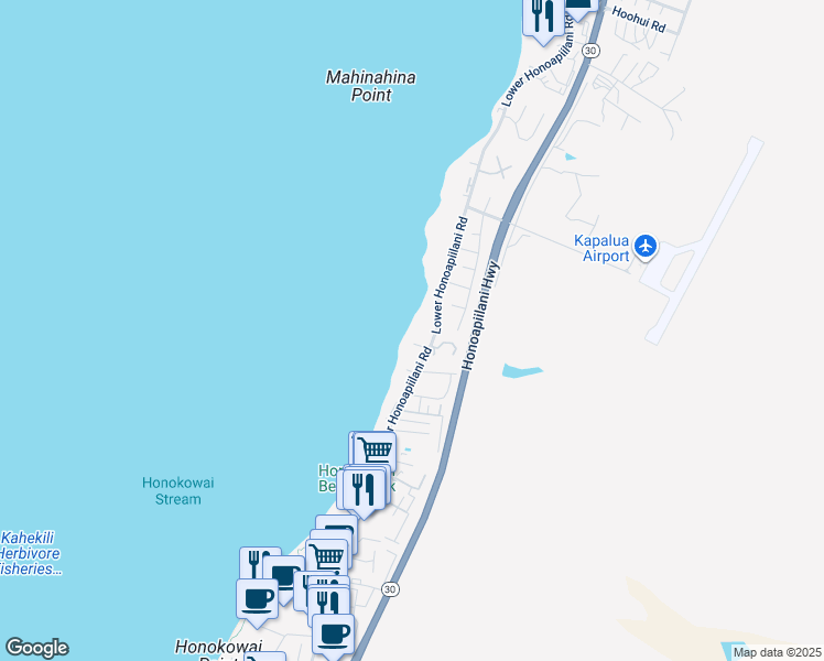 map of restaurants, bars, coffee shops, grocery stores, and more near 3833 Lower Honoapiilani Road in Lahaina