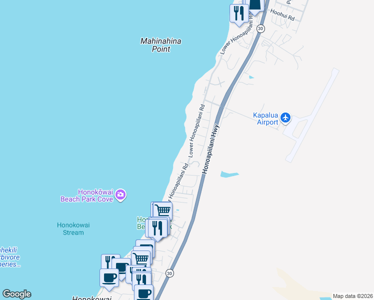 map of restaurants, bars, coffee shops, grocery stores, and more near 3843 Lower Honoapiilani Road in Lahaina