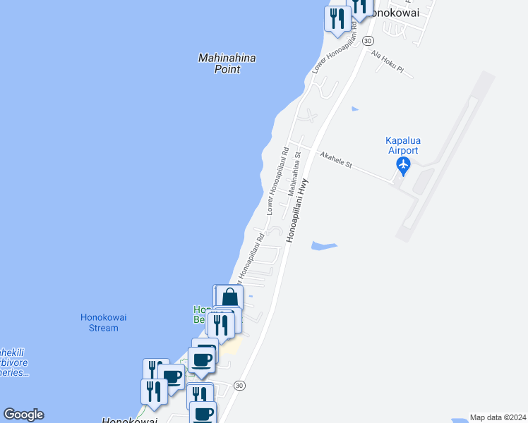 map of restaurants, bars, coffee shops, grocery stores, and more near 3875 Lower Honoapiilani Road in Lahaina