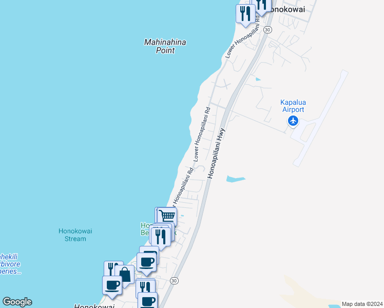 map of restaurants, bars, coffee shops, grocery stores, and more near 3875 Lower Honoapiilani Road in Lahaina