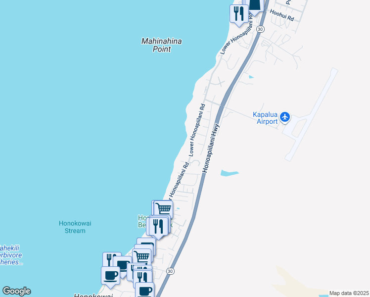 map of restaurants, bars, coffee shops, grocery stores, and more near 3875 Lower Honoapiilani Road in Lahaina