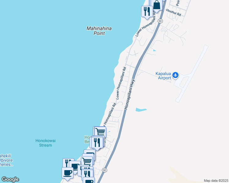 map of restaurants, bars, coffee shops, grocery stores, and more near 3875 Lower Honoapiilani Road in Lahaina