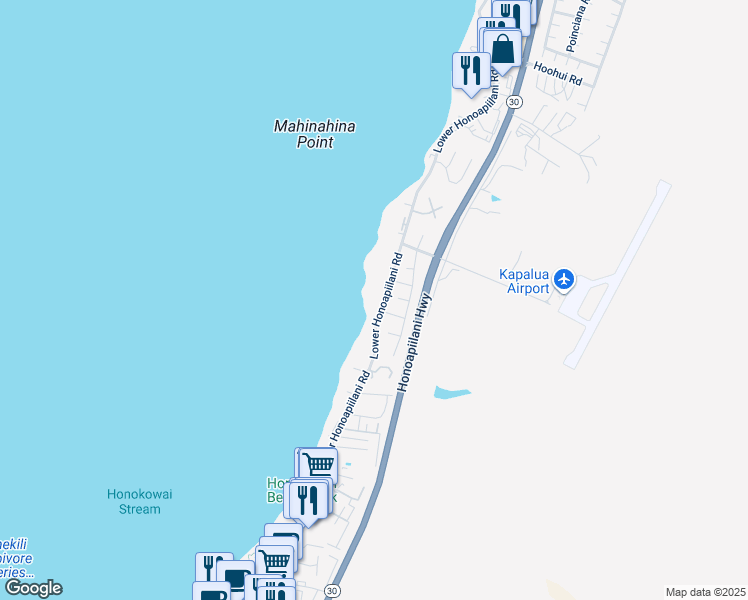 map of restaurants, bars, coffee shops, grocery stores, and more near 3959 Lower Honoapiilani Road in Lahaina