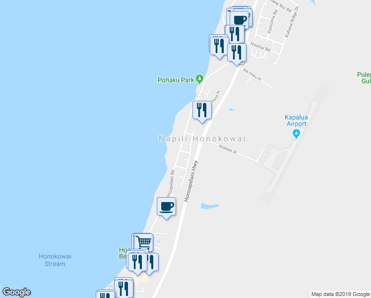 map of restaurants, bars, coffee shops, grocery stores, and more near 27 Haliu Street in Lahaina