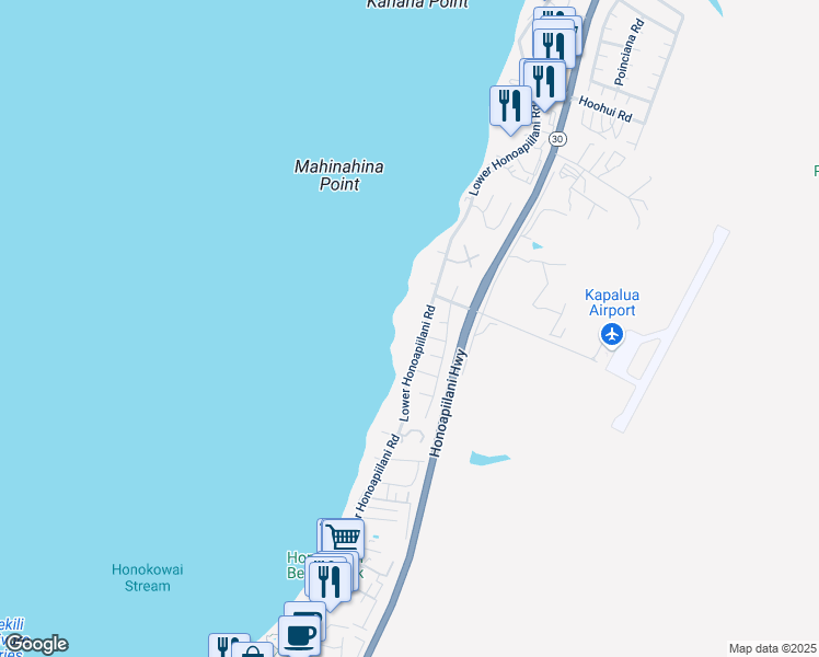 map of restaurants, bars, coffee shops, grocery stores, and more near 3975 Lower Honoapiilani Road in Lahaina