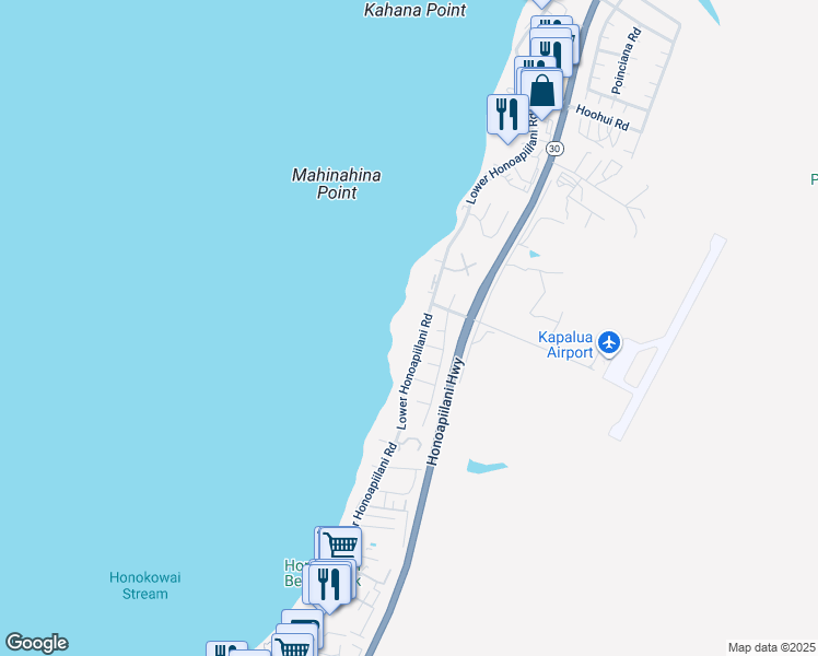 map of restaurants, bars, coffee shops, grocery stores, and more near 3975 Lower Honoapiilani Road in Lahaina
