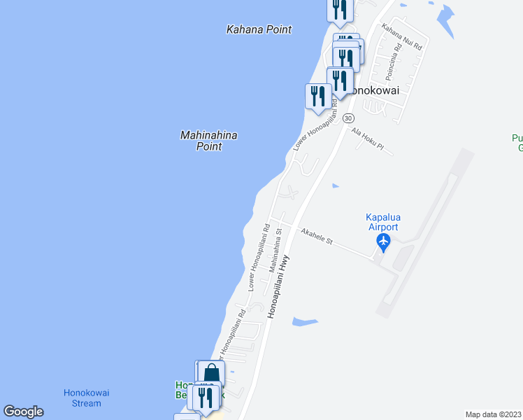map of restaurants, bars, coffee shops, grocery stores, and more near 4039 Lower Honoapiilani Road in Lahaina