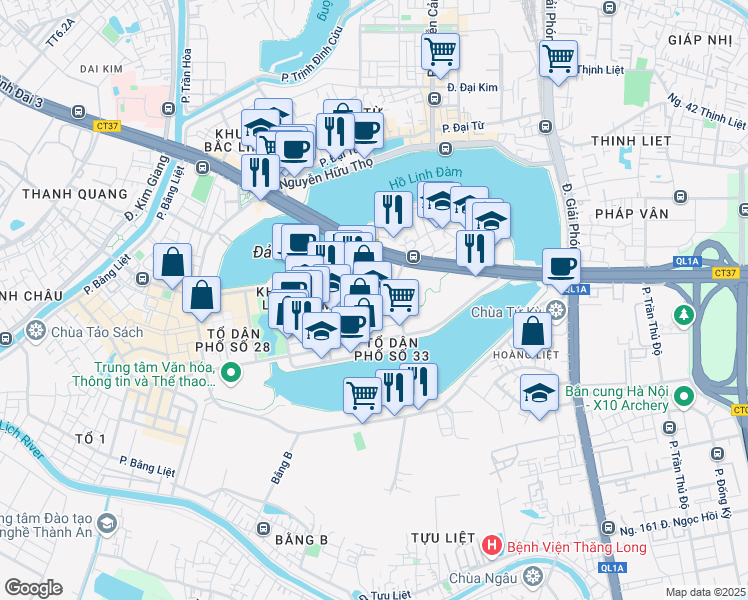 map of restaurants, bars, coffee shops, grocery stores, and more near Nguyễn Duy Trinh in Hoàng Mai
