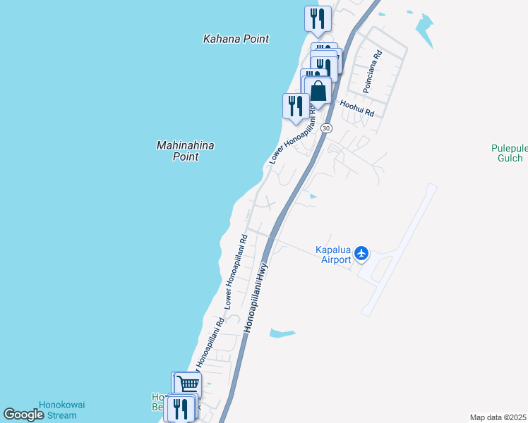 map of restaurants, bars, coffee shops, grocery stores, and more near 20 Aekai Place in Lahaina