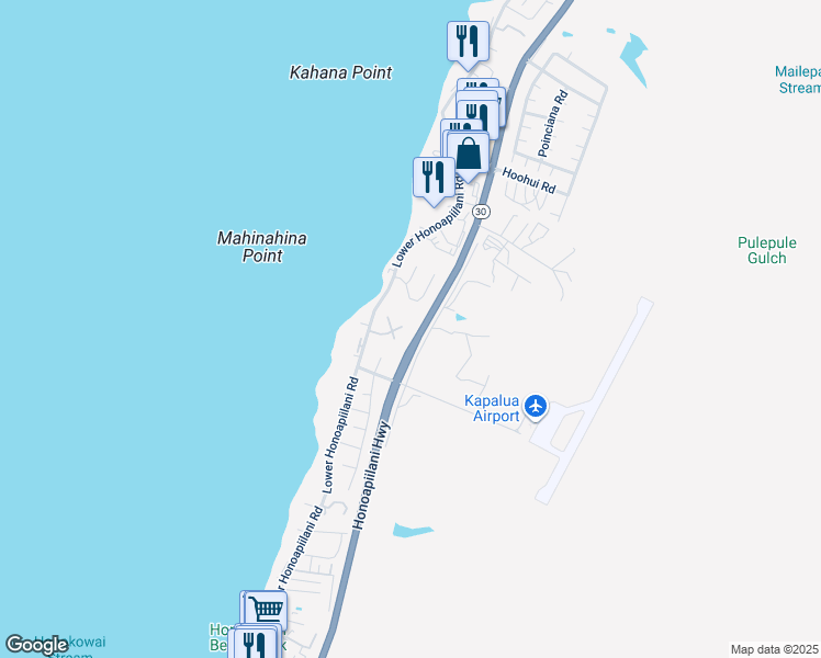 map of restaurants, bars, coffee shops, grocery stores, and more near 54 Aekai Place in Lahaina