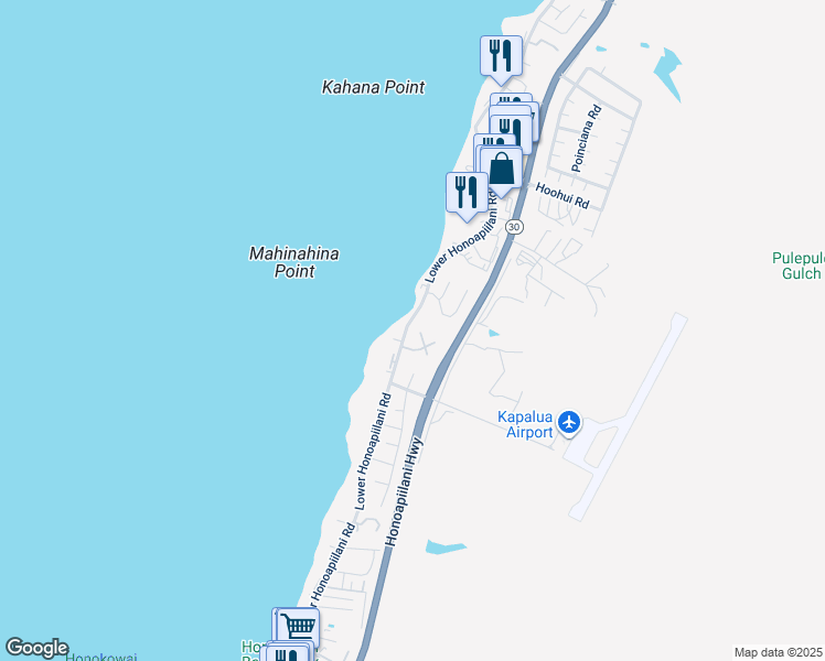 map of restaurants, bars, coffee shops, grocery stores, and more near 4103 North Paua Way in Lahaina