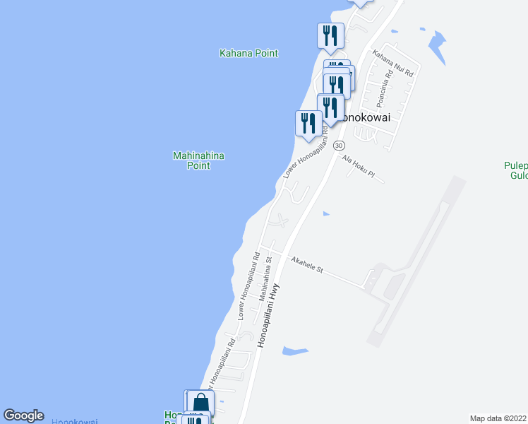 map of restaurants, bars, coffee shops, grocery stores, and more near 4095 Lower Honoapiilani Road in Lahaina