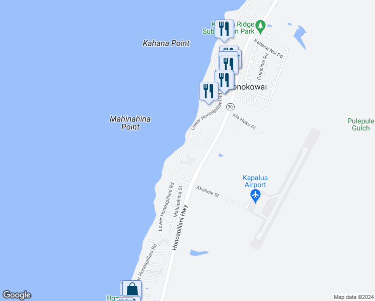 map of restaurants, bars, coffee shops, grocery stores, and more near 4104 North Paua Way in Lahaina