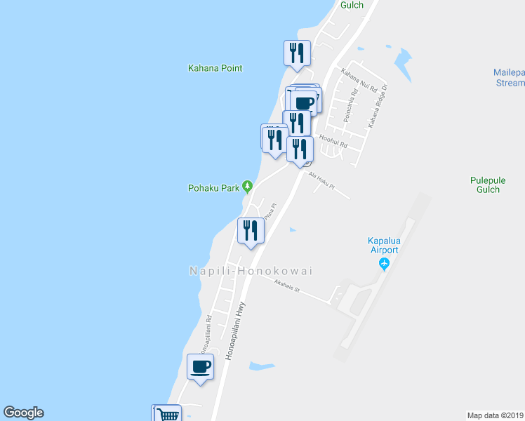 map of restaurants, bars, coffee shops, grocery stores, and more near 25 Piina Place in Lahaina