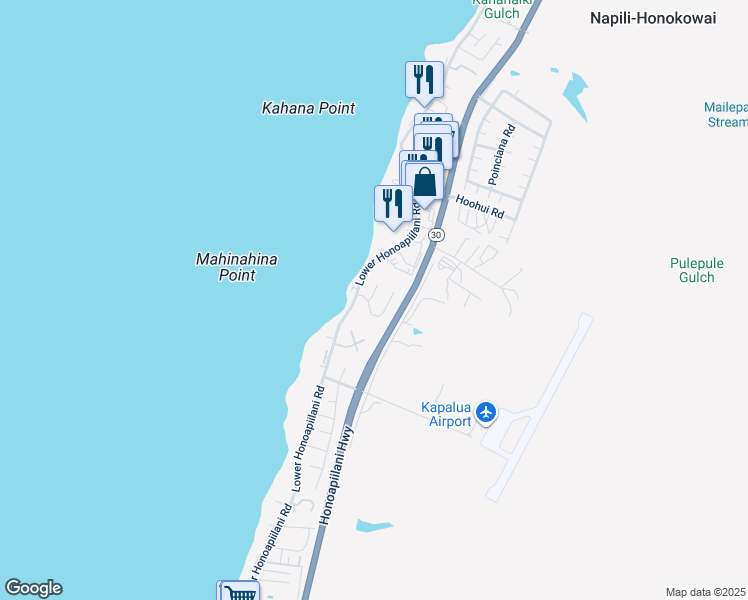 map of restaurants, bars, coffee shops, grocery stores, and more near 14 Puahanui Place in Lahaina