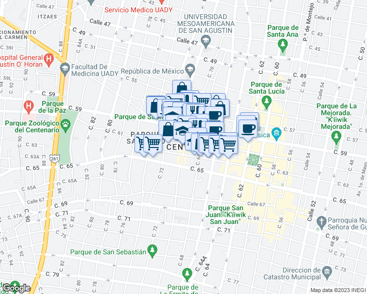 map of restaurants, bars, coffee shops, grocery stores, and more near in Mérida