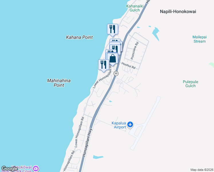 map of restaurants, bars, coffee shops, grocery stores, and more near 4286 Lower Honoapiilani Road in Lahaina