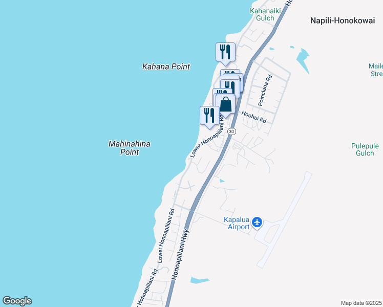 map of restaurants, bars, coffee shops, grocery stores, and more near 4155 Lower Honoapiilani Road in Lahaina