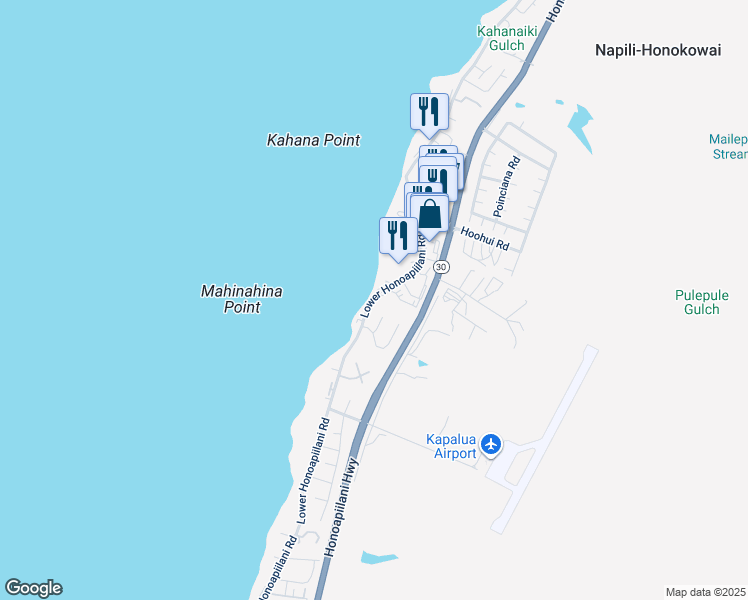 map of restaurants, bars, coffee shops, grocery stores, and more near 4242 Lower Honoapiilani Road in Lahaina