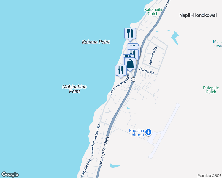 map of restaurants, bars, coffee shops, grocery stores, and more near 4155 Lower Honoapiilani Road in Lahaina