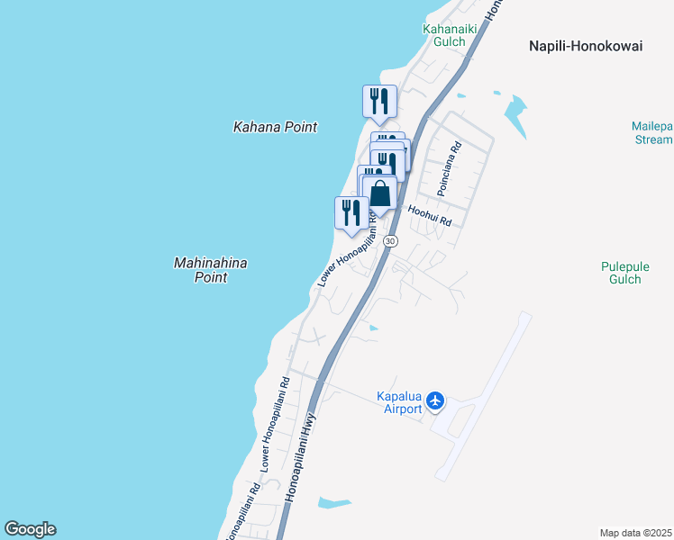 map of restaurants, bars, coffee shops, grocery stores, and more near 4242 Lower Honoapiilani Road in Lahaina