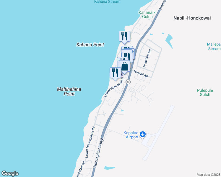 map of restaurants, bars, coffee shops, grocery stores, and more near 4229 Lower Honoapiilani Road in Lahaina