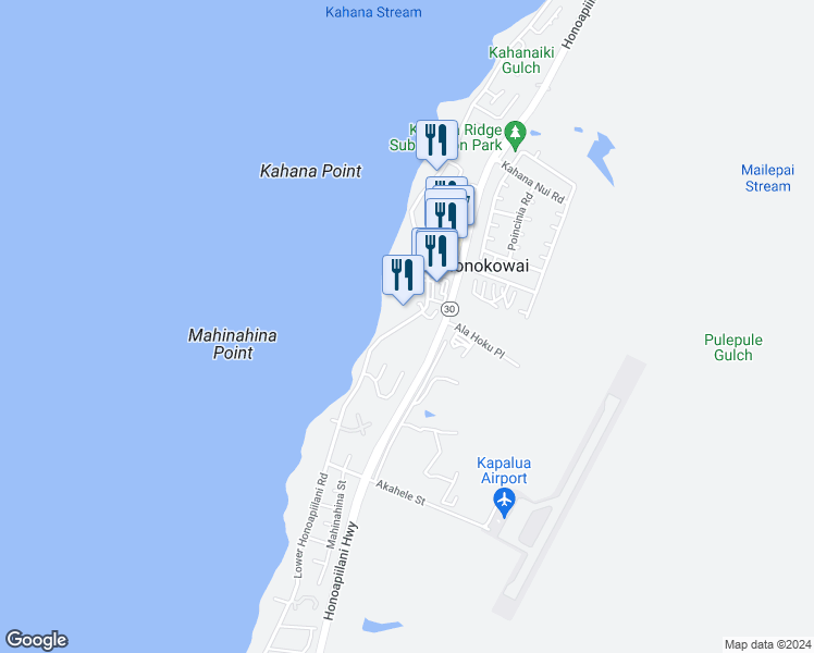 map of restaurants, bars, coffee shops, grocery stores, and more near 4242 Lower Honoapiilani Road in Lahaina
