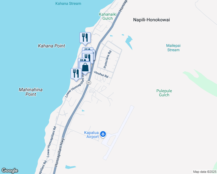 map of restaurants, bars, coffee shops, grocery stores, and more near 44 Kahana Ridge Place in Lahaina