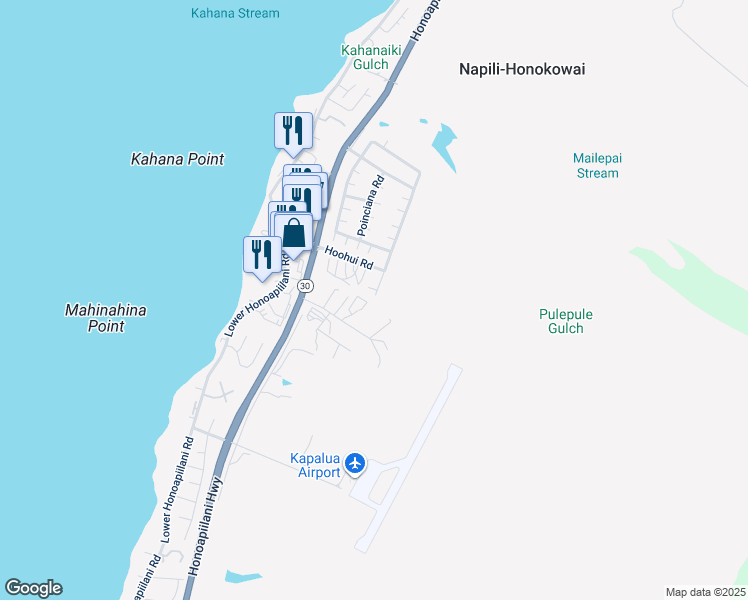 map of restaurants, bars, coffee shops, grocery stores, and more near 44 Kahana Ridge Place in Lahaina