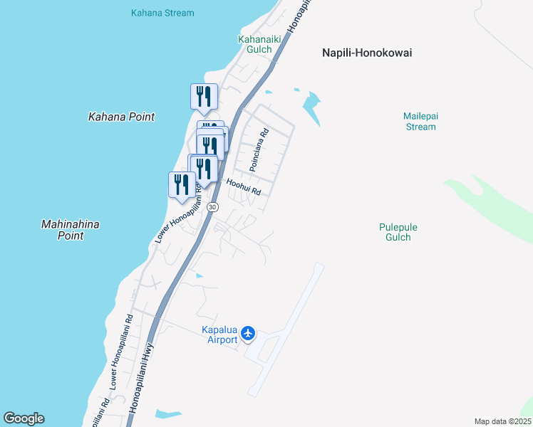 map of restaurants, bars, coffee shops, grocery stores, and more near 35 Kahana Ridge Place in Lahaina