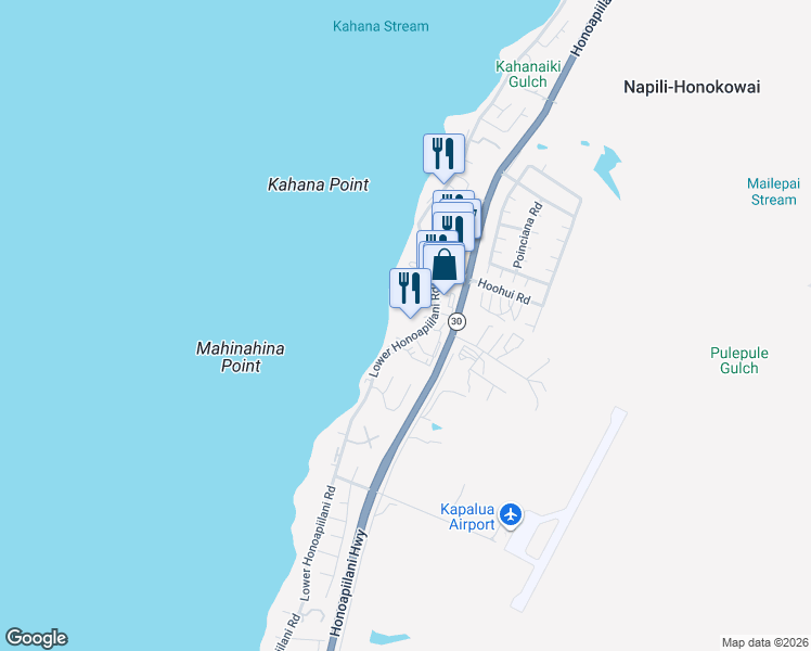 map of restaurants, bars, coffee shops, grocery stores, and more near 4299 Lower Honoapiilani Road in Lahaina