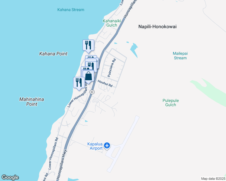 map of restaurants, bars, coffee shops, grocery stores, and more near 18 Kahana Ridge Place in Lahaina