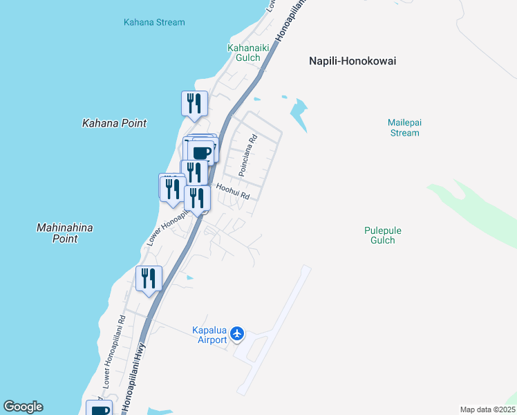 map of restaurants, bars, coffee shops, grocery stores, and more near 17 Kahana Ridge Place in Lahaina