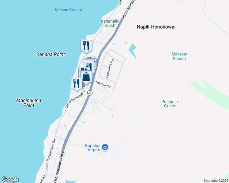 map of restaurants, bars, coffee shops, grocery stores, and more near 7 Kahana Ridge Place in Lahaina