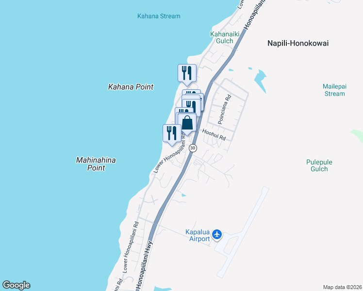 map of restaurants, bars, coffee shops, grocery stores, and more near 4299 Lower Honoapiilani Road in Lahaina