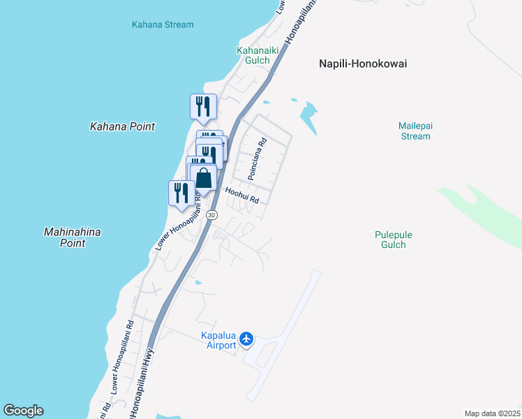 map of restaurants, bars, coffee shops, grocery stores, and more near 12 Kahana Ridge Place in Lahaina