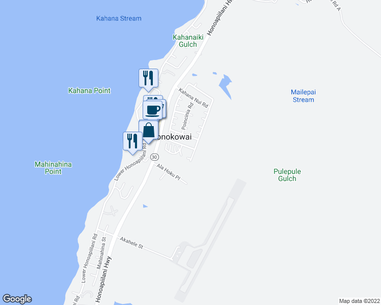 map of restaurants, bars, coffee shops, grocery stores, and more near 12 Kahana Ridge Place in Lahaina