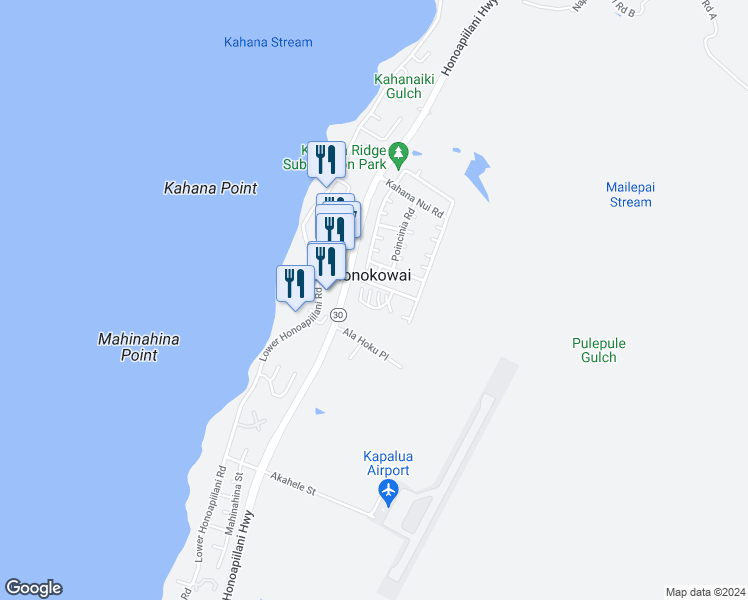map of restaurants, bars, coffee shops, grocery stores, and more near 25 Heather Lane in Lahaina