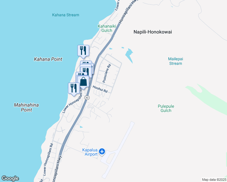 map of restaurants, bars, coffee shops, grocery stores, and more near 16 Kahana Ridge Drive in Lahaina