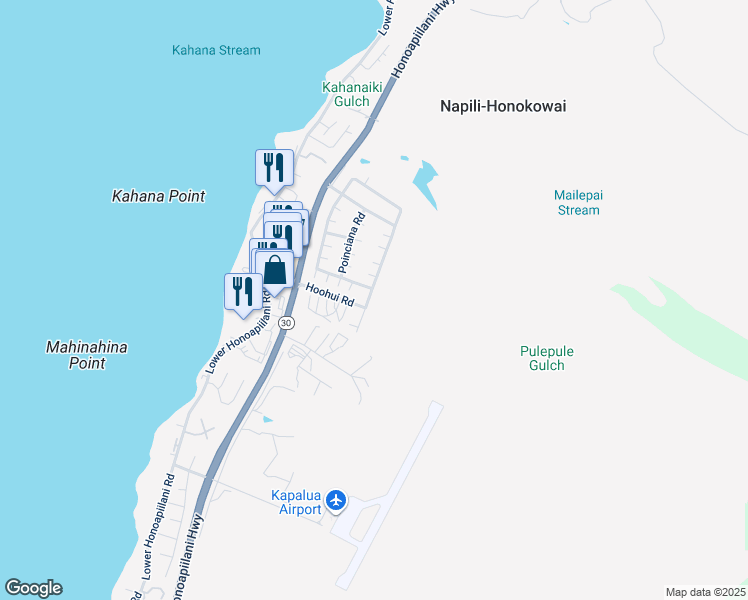map of restaurants, bars, coffee shops, grocery stores, and more near 16 Kahana Ridge Drive in Lahaina